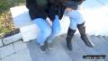 Two Girls Desperate In Public Completely Piss Their Sexy Blue Jeans! 